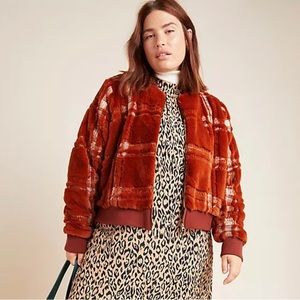 Anthropologie Plaid Teddy Bomber Jacket Burnt Orange XS